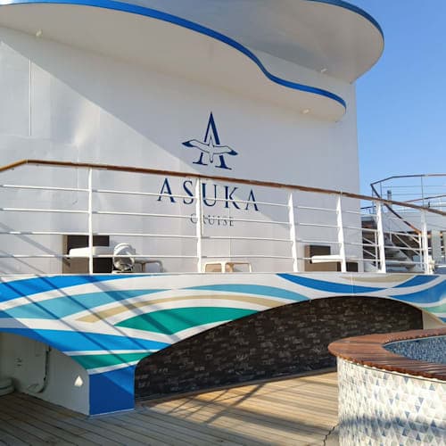 車椅子優先乗船させていただき、誰もいない最上階のプールの飛鳥のロゴを撮影しました‼️